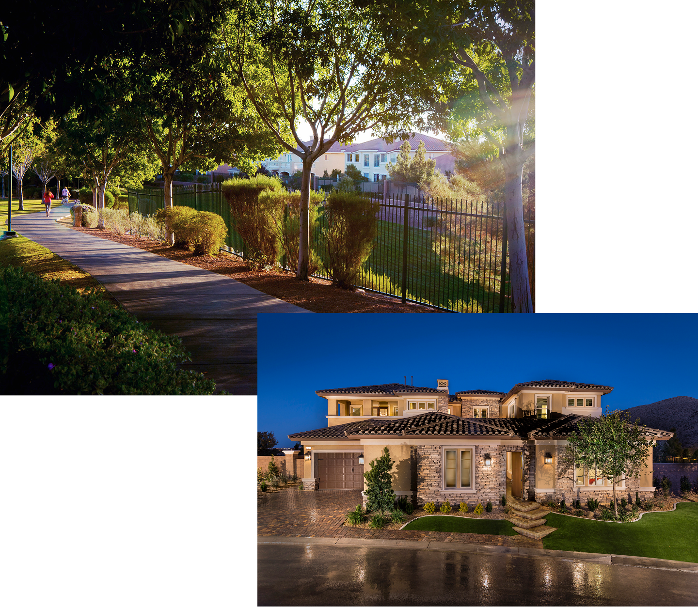 Lush community park with walking paths and trees, sunny outdoor scene.