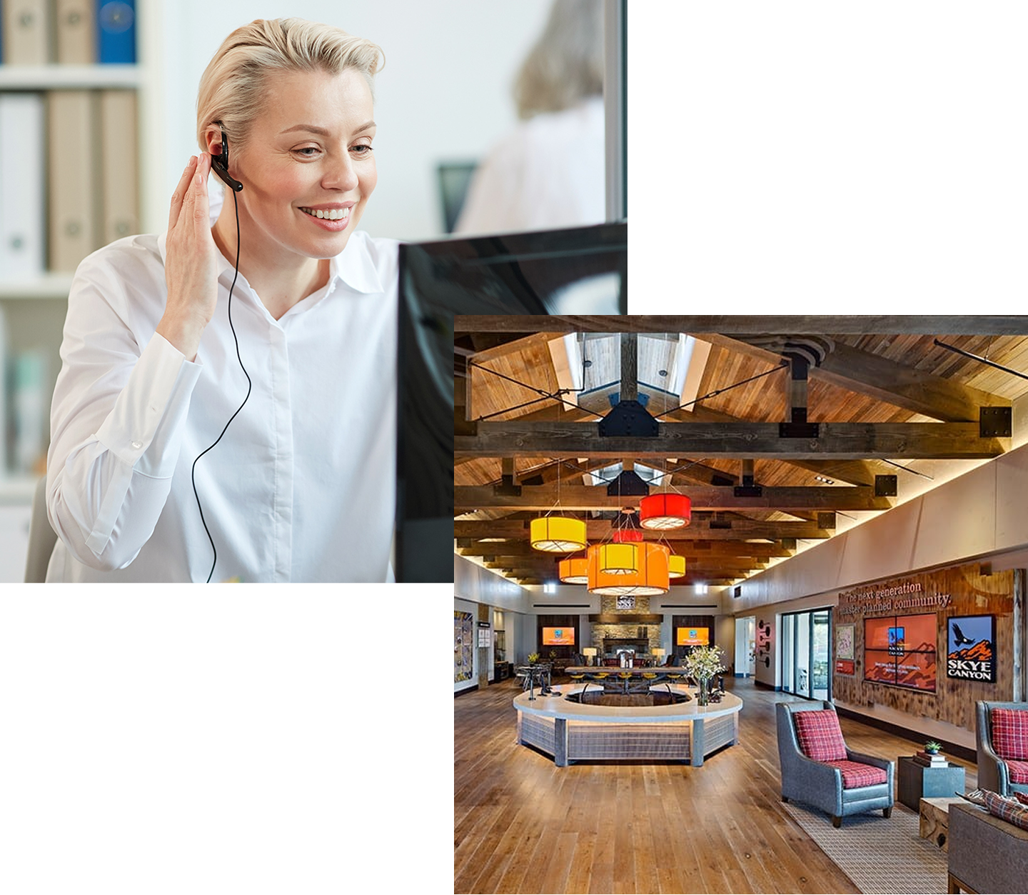 A woman in a white shirt with a headset managing community services in a modern, well-lit lounge are.